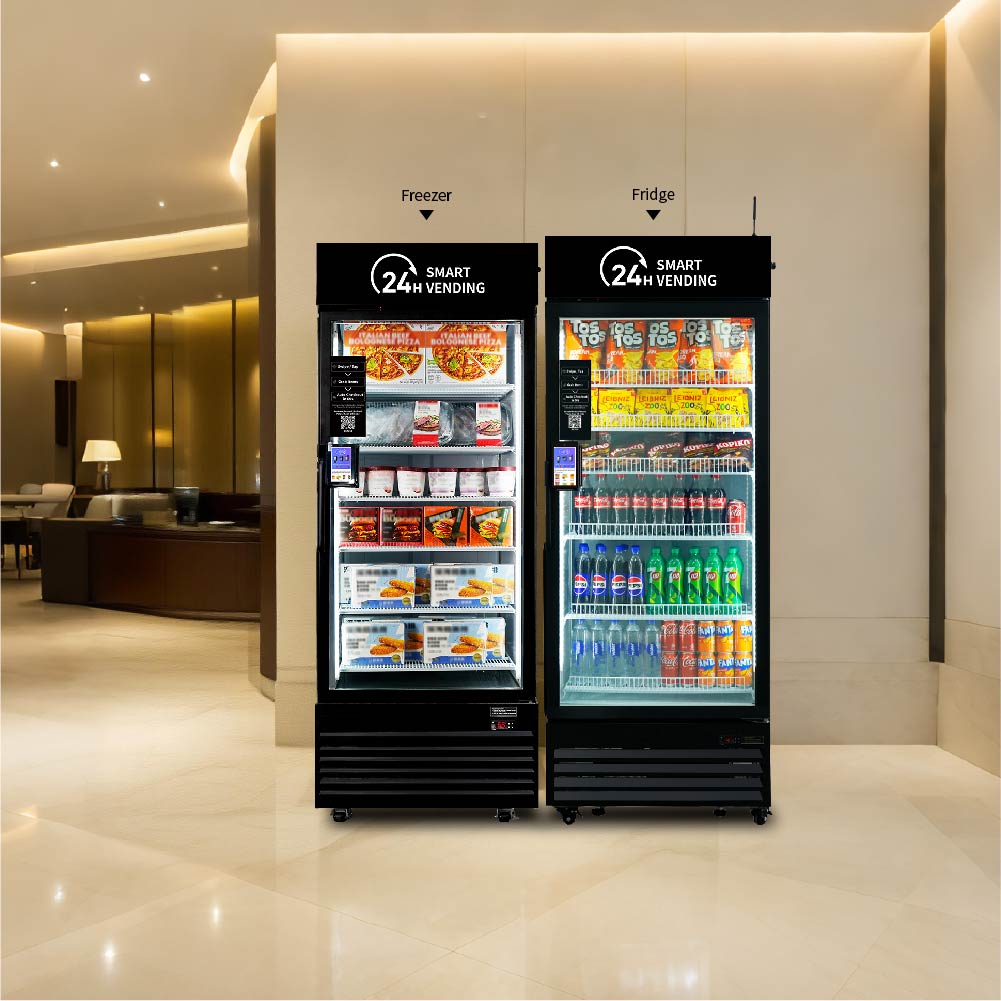 24H Smart Vending machine fully stocked with drinks, snacks, and essentials