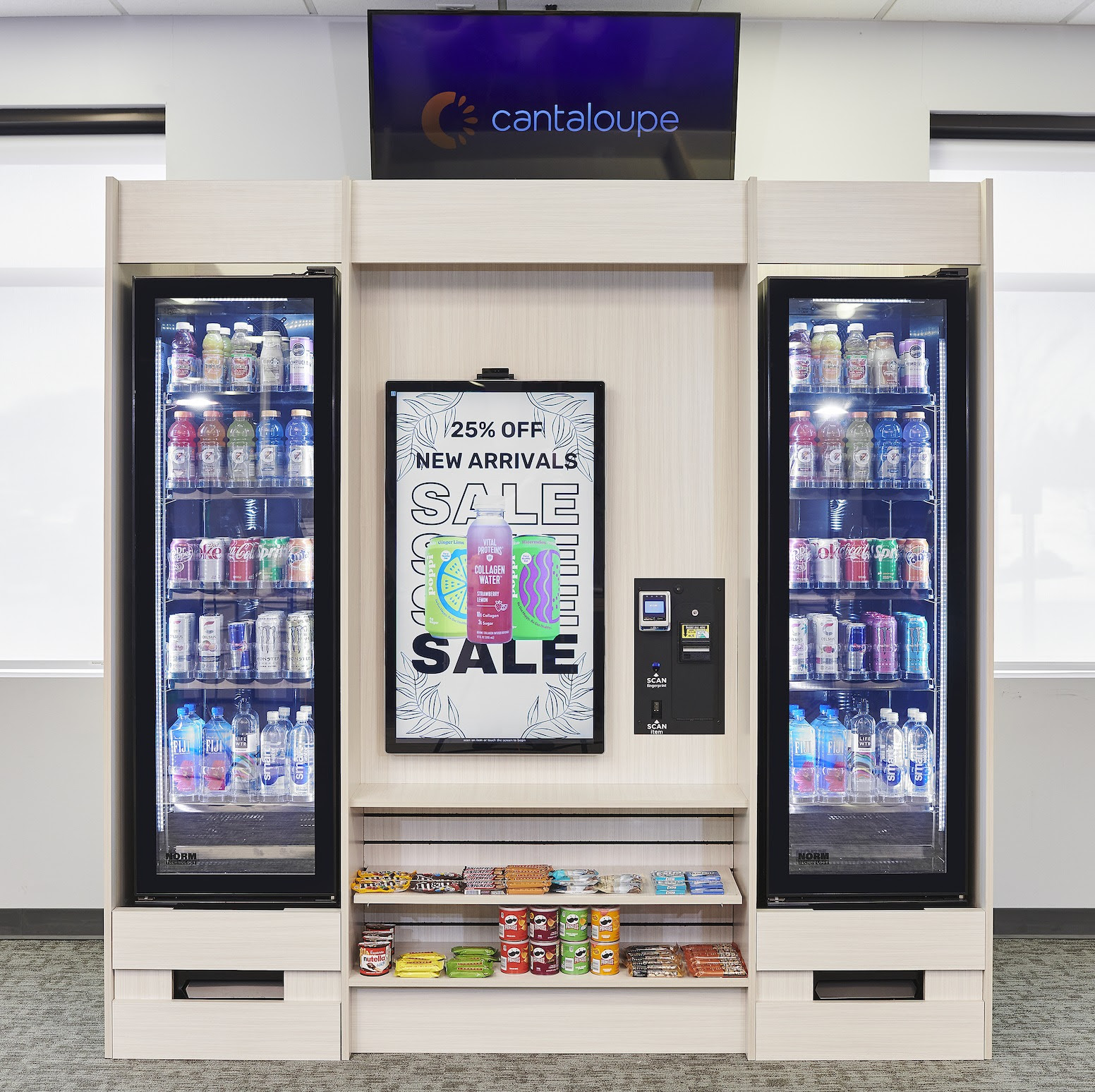 Micro-market open concept with shelving coolers and self-checkout kiosk